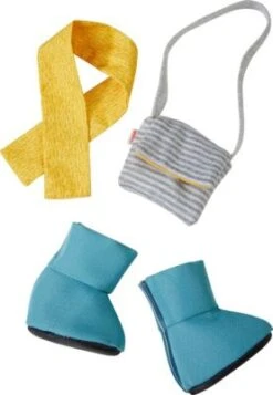 HABA 306579 Kleiderset Accessoires, 3-tlg. Puppen-Stiefel, Schal, UmhÀngetasche, 30 Cm